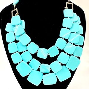 Turquoise Square Plastic Bead Multi Strand Necklace Silver Tone Rhinestone